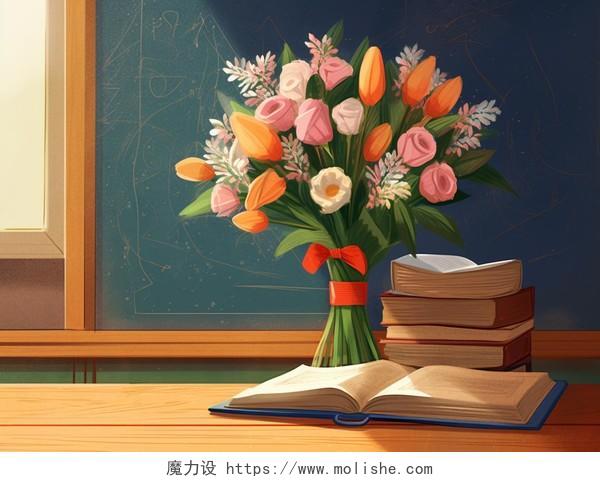 卡通手绘教师节插画在教室里学生送的花在讲台上插画海报感谢师恩教育